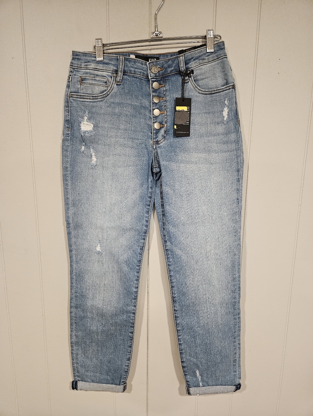 Kut From The Kloth Jeans Sz 4 Blue Catherine Boyfriend Button Fly Distressed NWT